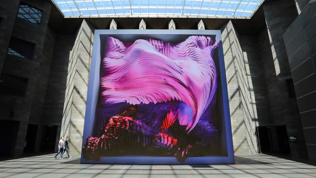 A preview of the new Triennial exhibition at the National Gallery of Victoria in Melbourne. The giant LED screen in the front entrance. Picture: Alex Coppel.