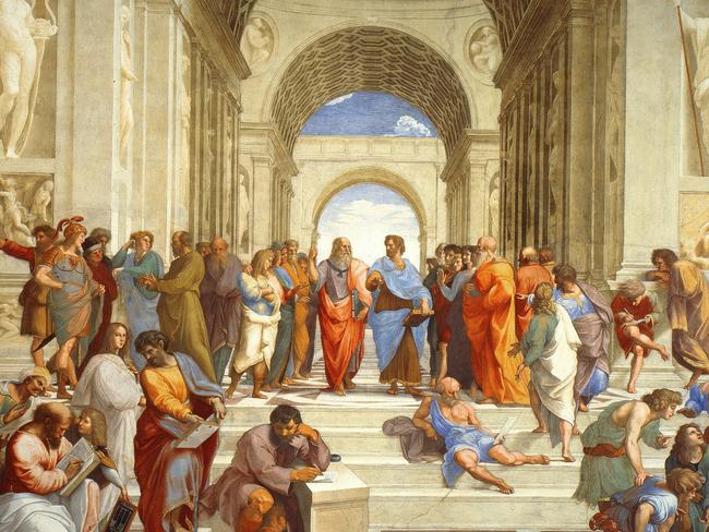 UNSPECIFIED - CIRCA 1754: The School of Athens' , 1511 (detail). Fresco. Raphael (Rafael Sanzio 1483 -1520) Italian painter and architect. Plato and Aristotle (centre) in discussion. Ancient Greek Philosophy Science Learning (Photo by Universal History Archive/Getty Images)