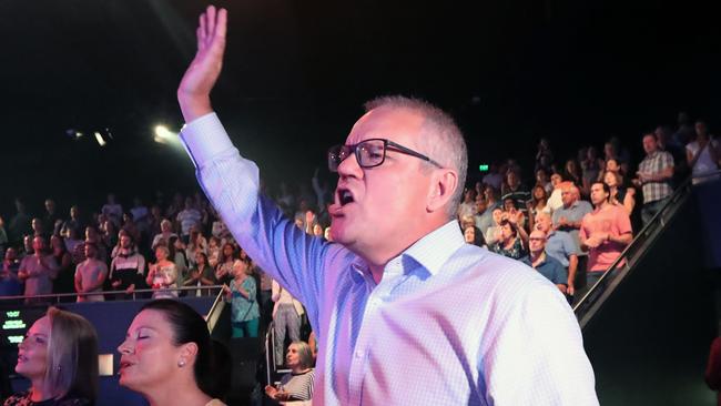 Prime Minister Scott Morrison with his wife Jenny on Easter Sunday at the Horizon Church. Picture: Gary Ramage