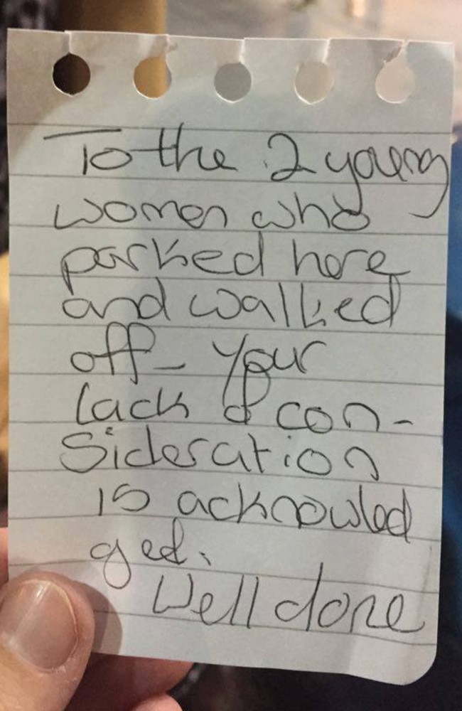 The note left on Lauren’s car which was parked in a disabled space at Macarthur Square this week.