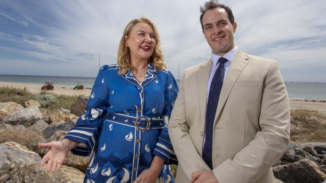 City of Holdfast mayor Amanda Wilson, the new Liberal candidate for seat of Black, pictured with Liberal Leader Vincent Tarzia at the Brighton and Seacliff Yacht Club. Picture: Brett Hartwig