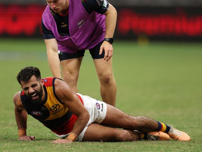 Milera in pain on the Optus Stadium deck. Picture: Getty Images