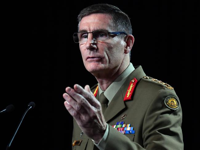 CANBERRA, AUSTRALIA - NOVEMBER 19: Chief of the Australian Defence Force (ADF) General Angus Campbell delivers the findings from the Inspector-General of the Australian Defence Force Afghanistan Inquiry on November 19, 2020 in Canberra, Australia. A landmark report has shed light on alleged war crimes by Australian troops serving in Afghanistan. (Photo by Mick Tsikas - Pool/Getty Images)