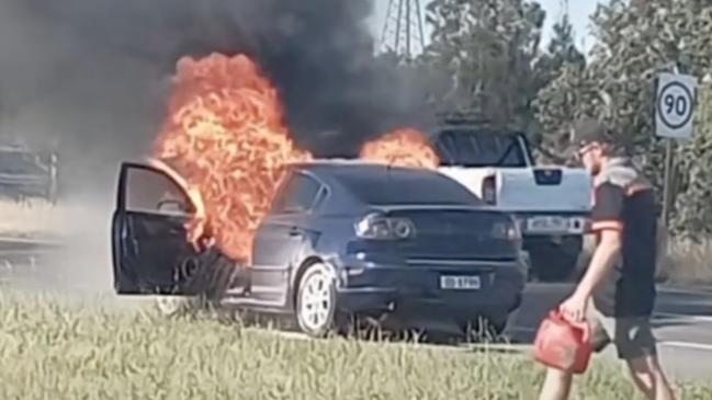 A teenager was forced to leap from her car moments before it burst into flames on the Salisbury Highway. She had only had the second-hand Mazda for 15 minutes. Picture: Supplied