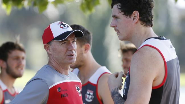 Jake Carlisle talks with Saints coach Alan Richardson on his first day of pre-season training. Picture: Michael Klein