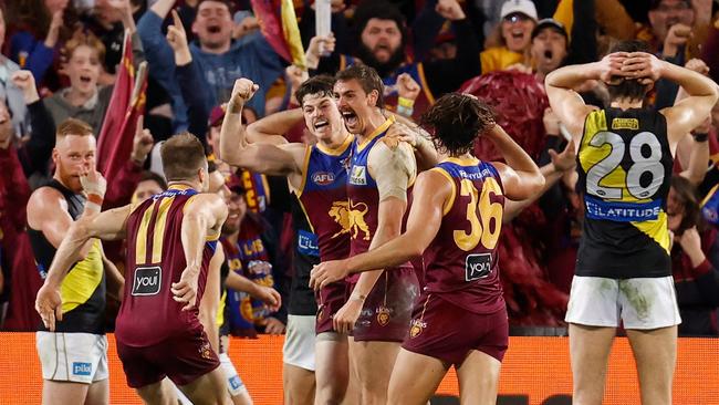 Joe Daniher celebrates the matchwinner. Picture: Michael Willson/AFL Photos via Getty Images