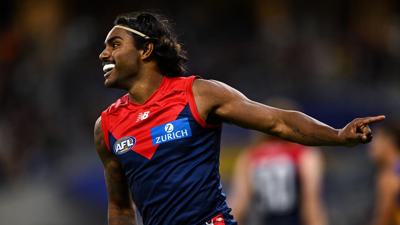 Kysaiah Pickett celebrates a goal during the win over the Eagles. Picture: Daniel Carson/AFL Photos