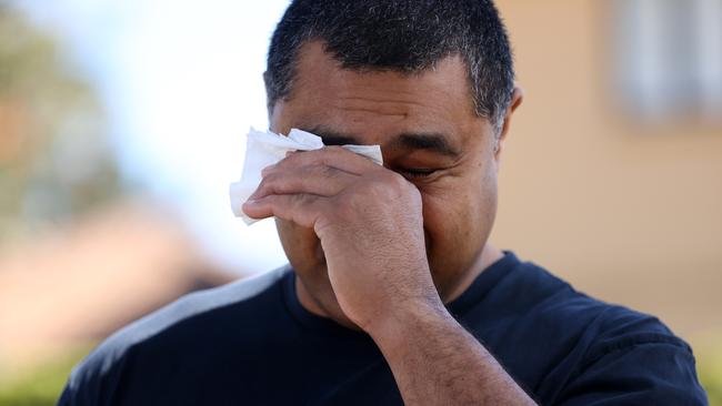 Toutai Kefu speaking to media outside his property following the home invasion. Picture: Tara Croser.