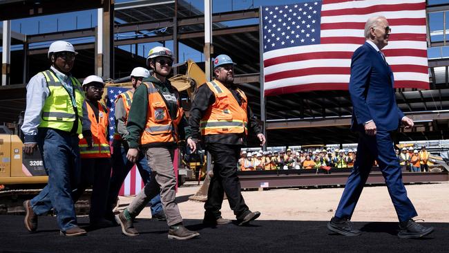 Joe Biden with union members at Intel's Ocotillo Campus in Chandler, Arizona, on Wednesday. Picture: AFP