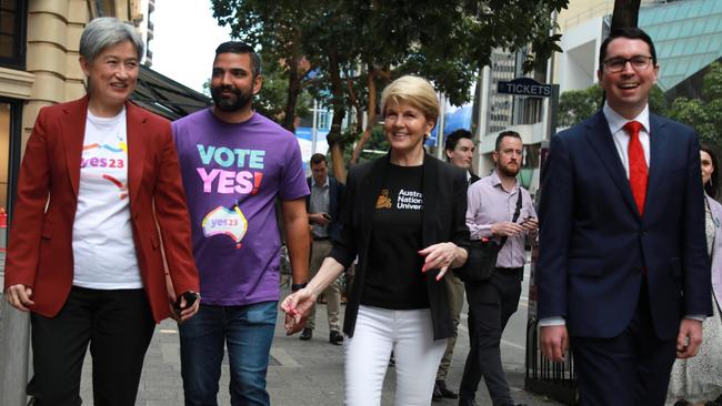 Foreign Minister Penny Wong with Yes23 campaign director Dean Parkin, Julie Bishop, and the Assistant Minister to the Prime Minister Patrick Gorman in Perth last month. Picture: NCA NewsWire/Philip Gostelow