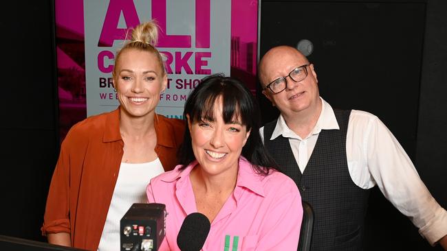 Mix 102.3’s previous breakfast team Ali Clarke (centre), with Erin Phillips and Eddie Bannon in North Adelaide. Picture: Naomi Jellicoe