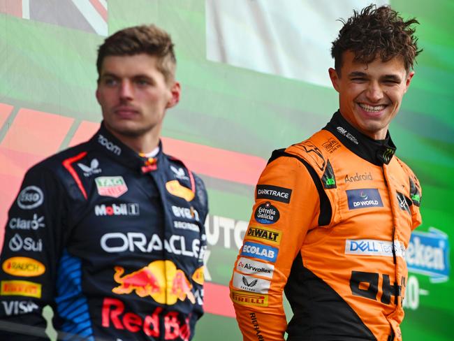 Race-winner Lando Norris alongside second placed Max Verstappen. Picture: Rudy Carezzevoli/Getty Images