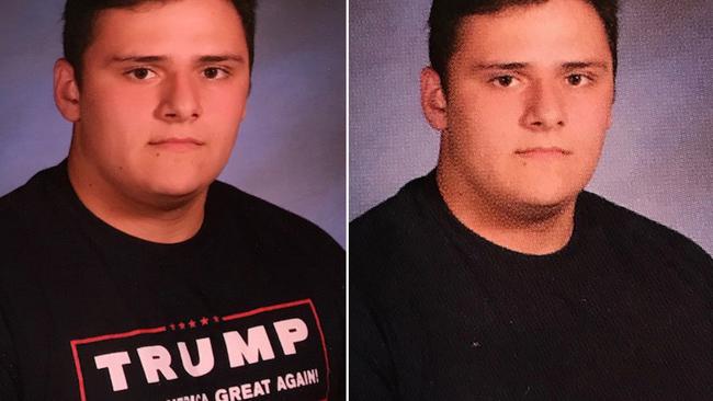 Wall Township High School junior Grant Berardo with the Trump shirt he wore for his class photo and the photoshopped version he saw when he received his yearbook this week.