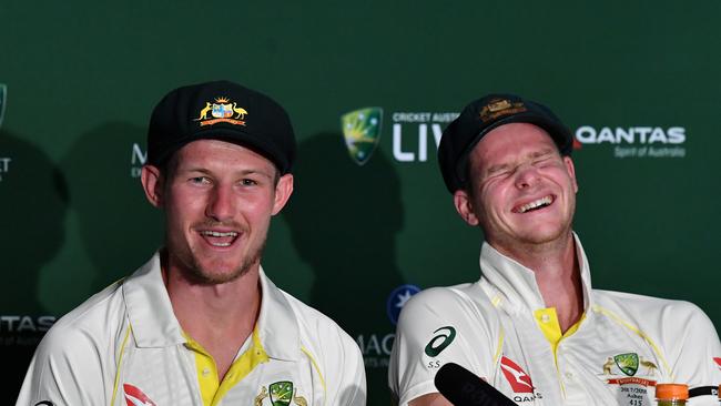 Cameron Bancroft (left) and Steve Smith at a press conference during the first Test.