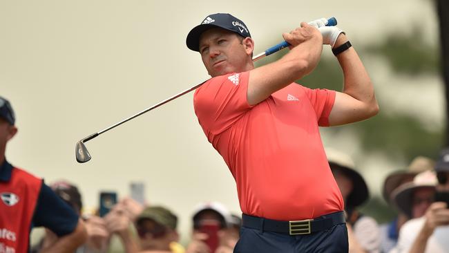 Spanish golfer Sergio Garcia tees off at the 4th hole. Picture: AFP