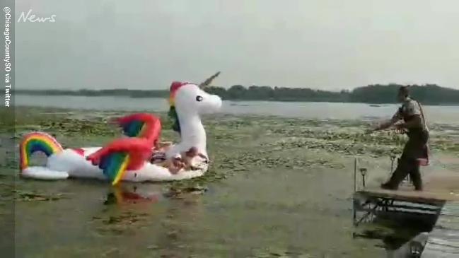  Girls stranded on giant inflatable unicorn