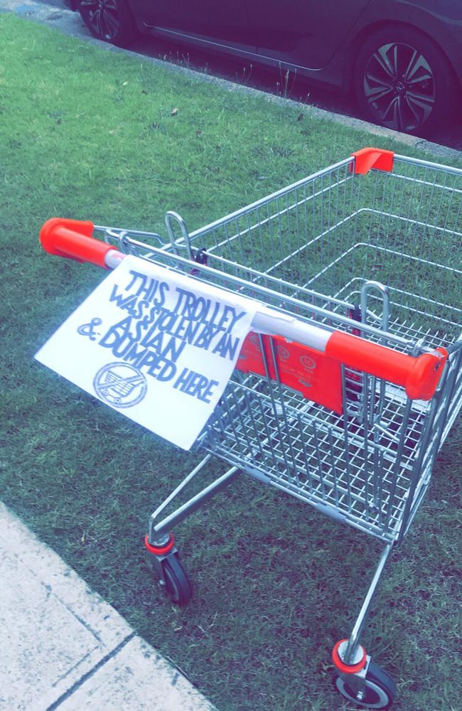 A second sign was found attached to a trolley in the same suburb.