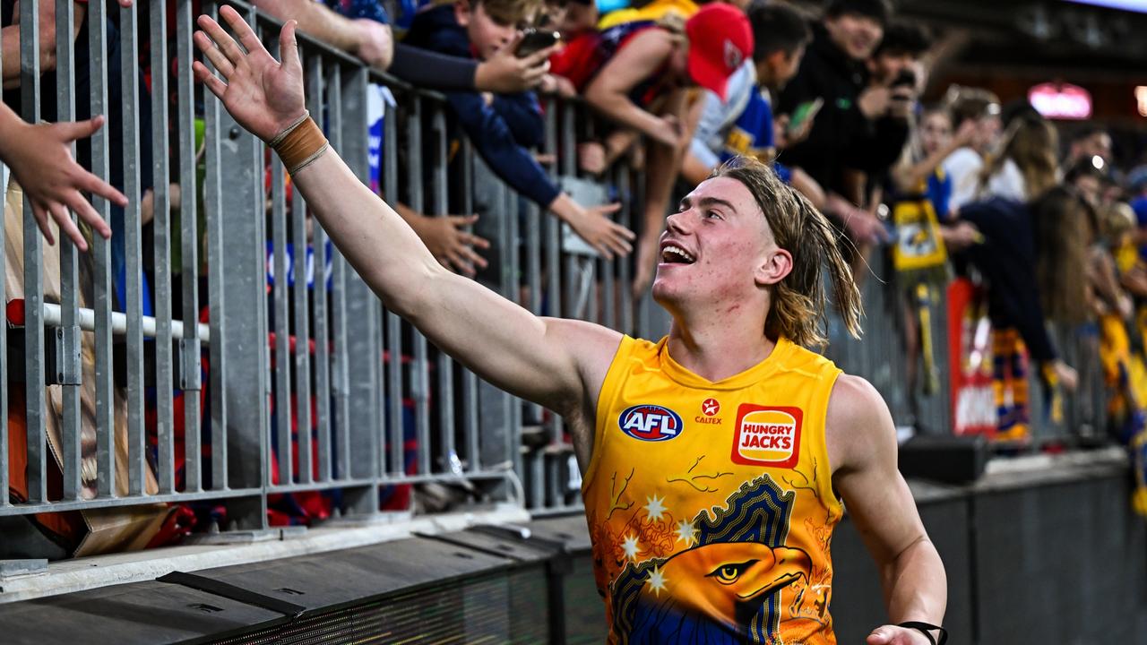 PERTH, AUSTRALIA - MAY 19: Harley Reid of the Eagles celebrates the win with the fans during the 2024 AFL Round 10 match between Waalitj Marawar (West Coast Eagles) and Narrm (Melbourne Demons) at Optus Stadium on May 19, 2024 in Perth, Australia. (Photo by Daniel Carson/AFL Photos via Getty Images)