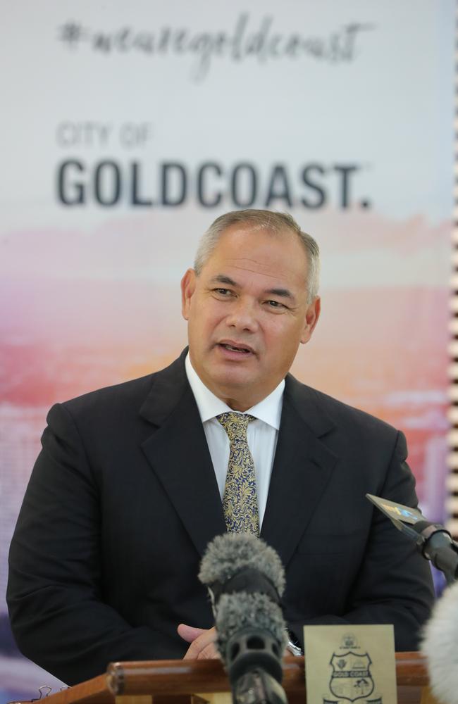 Mayor Tom Tate announcing the reopening of the Gold Coast beaches at a press conference at Evandale. Picture Glenn Hampson