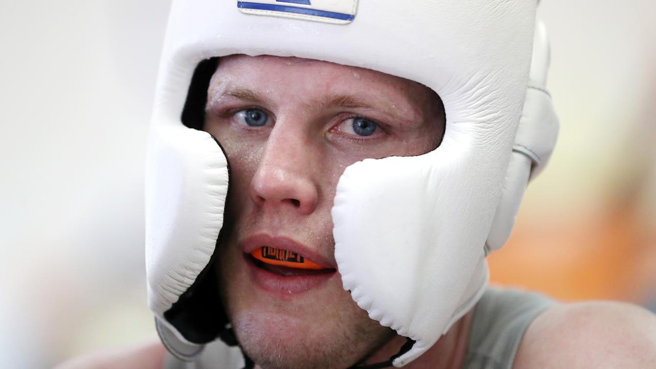 Jeff Horn gets ready for a sparring session ahead of the Anthony Mundine fight. Picture: NIGEL HALLETT