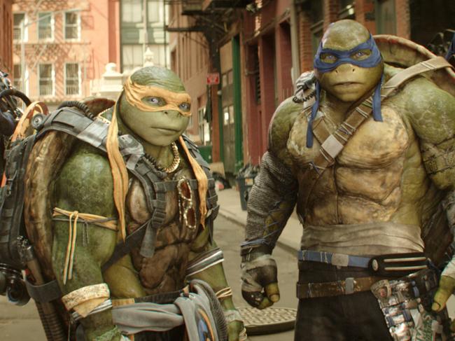 This image released by Paramount Pictures shows, from left, Donatello, Michelangelo, Leonardo and Raphael in a scene from "Teenage Mutant Ninja Turtles: Out of the Shadows." The movie opened to $35.3 million according to comScore estimates Sunday, June 5, 2016, close to half of what the first film opened to in 2014. (Lula Carvalho/Paramount Pictures via AP)