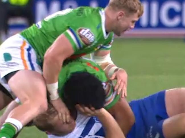 Canberra forward Hudson Young is facing a long ban for an alleged eye gouge on Canterbury's Aiden Tolman. Source: Fox Sports