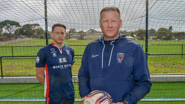 South Adelaide player Robbie Parker and new coach Andrew Calderbank. The Panthers are back in State League One after relegation from the Premier League. Picture: AAP/Brenton Edwards