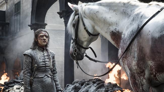 Revelations 6:8 … “I looked, and there before me was a pale horse! Its rider was named Death, and Hades was following close behind him”. Make of that biblical quote what you will in light of the fact Arya escapes from Kings Landing aboard a white horse (or a pale mare, as readers of George RR Martin’s novels may prefer). Picture: Foxtel