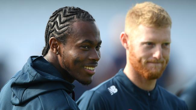 Ben Stokes, right, shares a joke with England bowler Jofra Archer. Picture: Getty Images