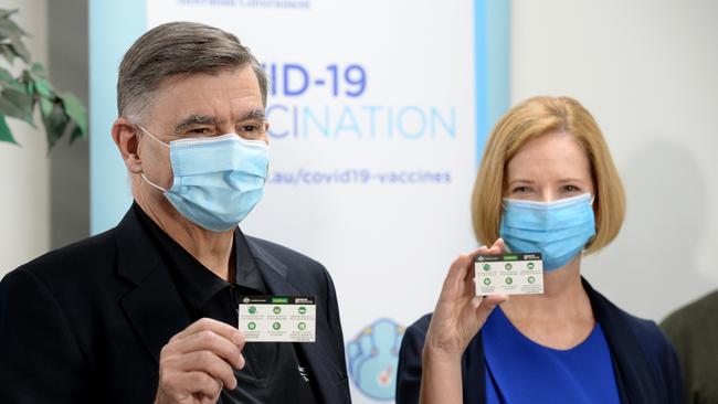 Health Department secretary Professor Brendan Murphy and former Prime Minister Julia Gillard both got the AstraZeneca vaccine earlier this year. Picture: Andrew Henshaw