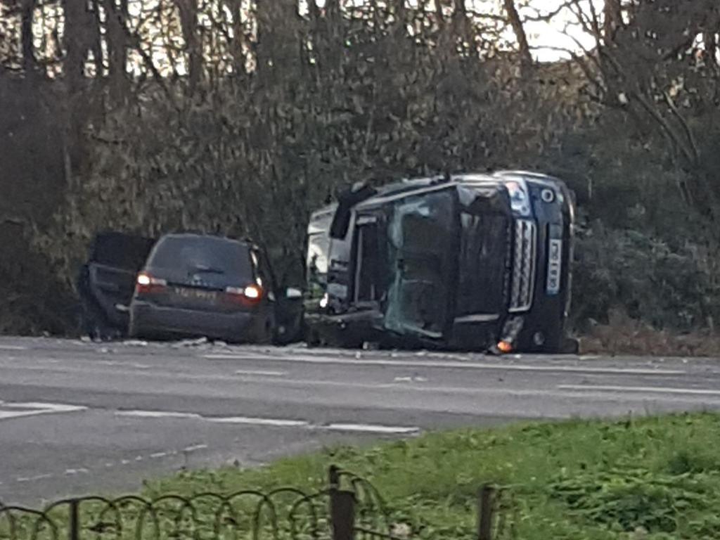 Prince Philip’s car crash - the Prince's Land Rover was left on its side following the crash. Picture: Mega 