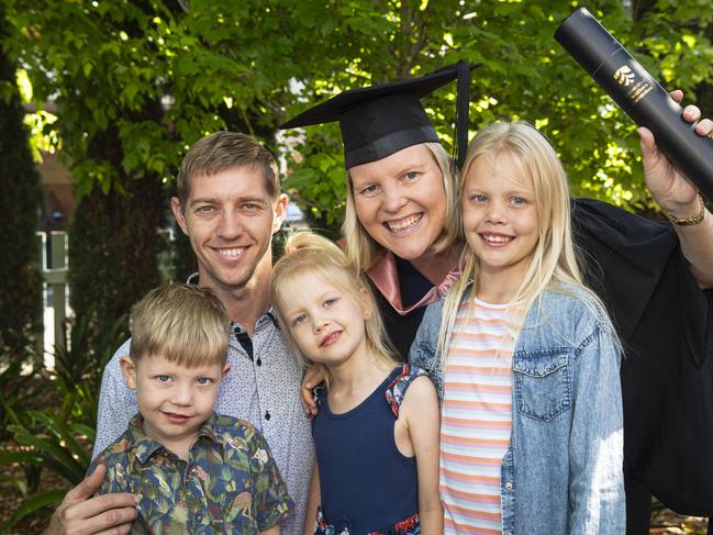 Master of Learning and Teaching (Primary) graduate Minandi Rudman with husband Leslie Rudman and their kids (from left) Leslie, Marissa and Liandie at a UniSQ graduation ceremony at The Empire, Tuesday, October 29, 2024. Picture: Kevin Farmer