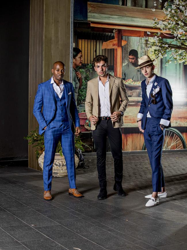 Red Cyrpess Clothing founder Farai Chiwedza (left), restaurateur James Carney (centre) and fashion stylist Michael Dunn (right) at Chop Chop, Surfers Paradise, for Best Dressed 2019. Picture: Jerad Williams