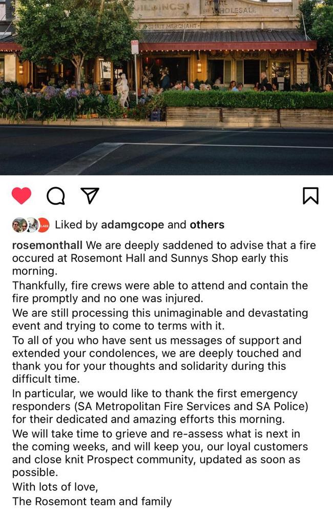 Rosemont Hall took to Instagram to advise customers about the fire at Prospect Road. Picture: Instagram