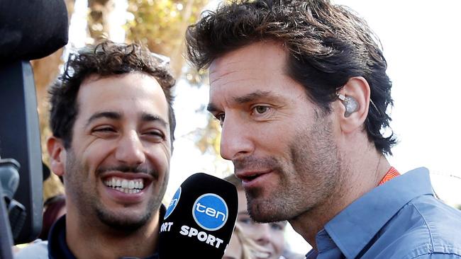 Driver turned commentator Mark Webber interviews fellow Aussie Formula 1 star Daniel Ricciardo. Picture: Channel 10.