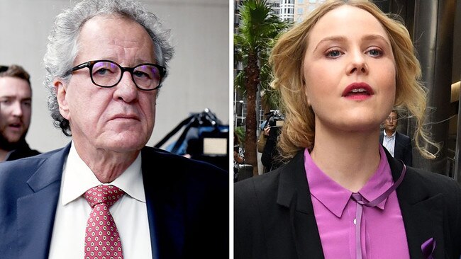 Geoffrey Rush and Eryn-Jean Norvill outside court today. Picture: