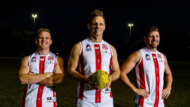 Walkerville’s Sean Kuerschner, Ryan Madden and Adam Law, pictured in heritage guernseys for the club’s 120th year celebrations last month, are once again in the flag race. Picture: Morgan Sette