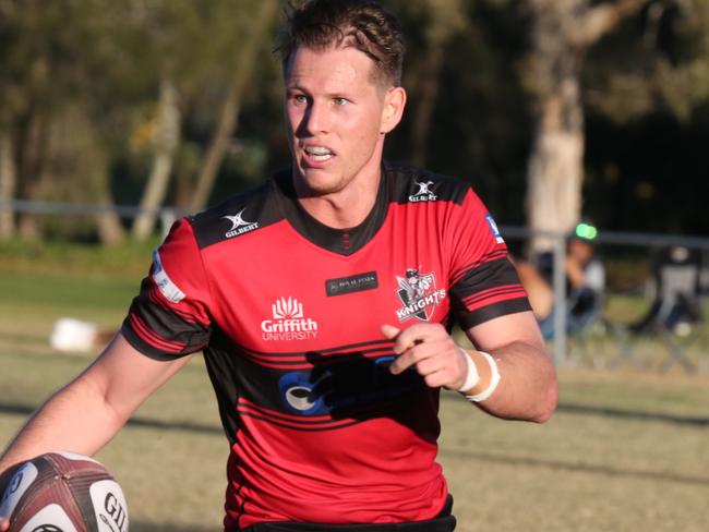 Gold Coast District Rugby Union (GCDRU) clash between No.1 Griffith Uni Colleges Knights (Red/Black) and No.3 Nerang Bulls (Maroon) at Pappas Way Nerang. Cam Dodd. Pic Mike Batterham