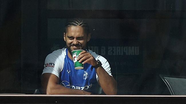 Aaron Hall watches on during a North Melbourne training session. Picture: Mark Stewart