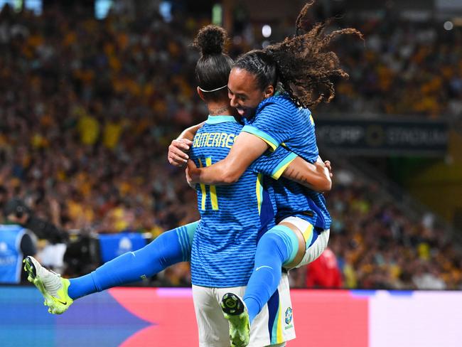 Amanda Gutierres celebrates with teammate Aline Gomes after scoring the Brazil’s first goal. Picture: Getty Images