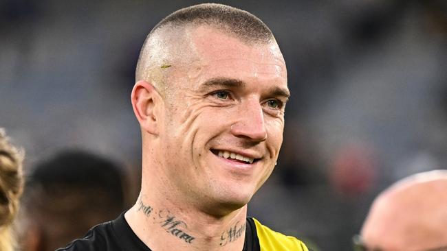 PERTH, AUSTRALIA - JULY 16: Dustin Martin of the Tigers is happy with the win during the 2023 AFL Round 18 match between the West Coast Eagles and the Richmond Tigers at Optus Stadium on July 16, 2023 in Perth, Australia. (Photo by Daniel Carson/AFL Photos via Getty Images)