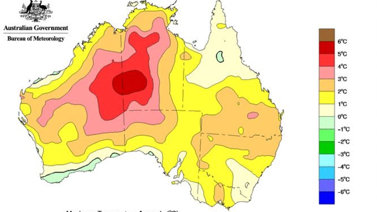 Above is a graphic show the anomaly in average temperatures during March. Anywhere with a yellow, orange or red colouring saw above average temperatures. Picture: Bureau of Meteorology.