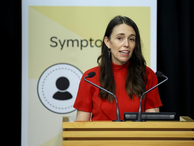 Jacinda Ardern announces the reopening of New Zealand's border with Australia. Picture: Getty Images