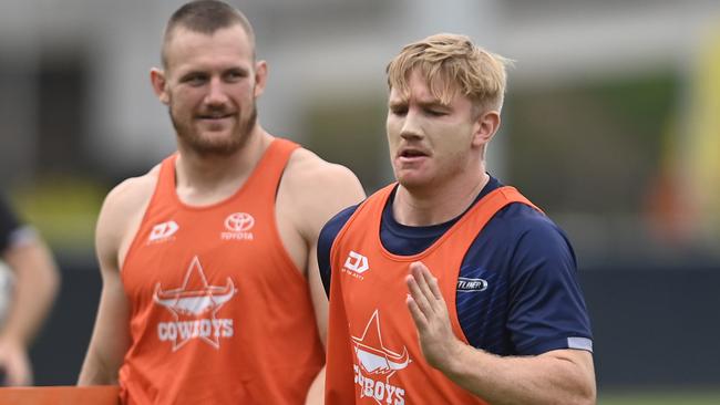 TOWNSVILLE, AUSTRALIA - JANUARY 11: Tom Dearden of the Cowboys trainsduring a North Queensland Cowboys  NRL training session at Qld Country Bank Stadium on January 11, 2024 in Townsville, Australia. (Photo by Ian Hitchcock/Getty Images)