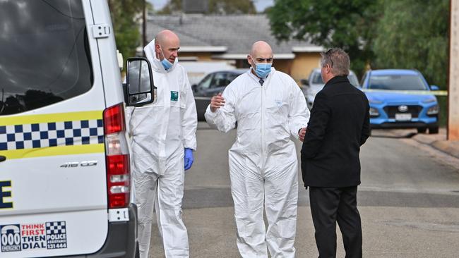 Forensic police at the home of Sean Ferris who was fatally shot by police after he stabbed them outside his Symons St, Crystal Brook house. Picture: Brenton Edwards