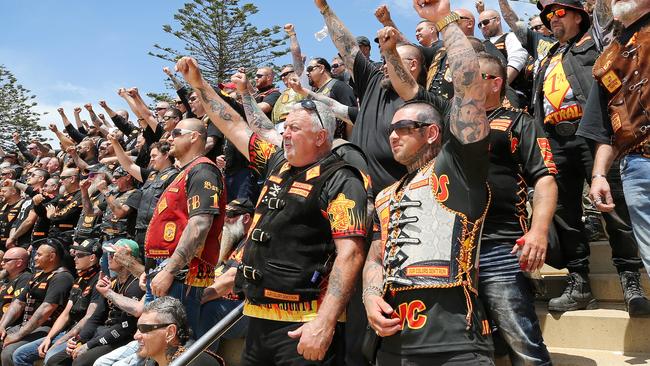 Police keep a watchful eye on the Bandidos' motorcycle gang as they arrive in Burnie in Tasmania's north west. Picture: CHRIS KIDD