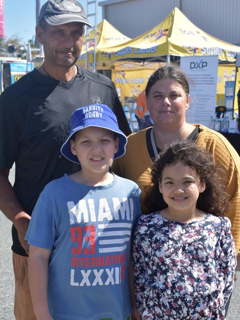 Dennis and Michelle Oemcke and their children Israel, 10, and Aroha, 7 Oemcke, of Rural View, at Big Boys Toys Expo at Mackay Showgrounds 2021.