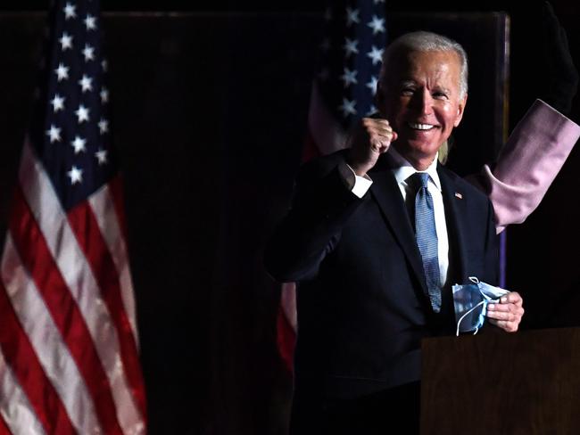 Joe Biden arrives to address supporters during election night. Picture: AFP.