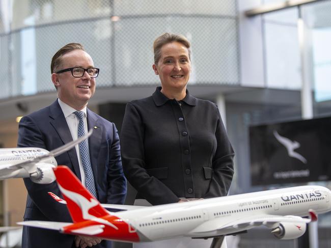 SYDNEY, AUSTRALIA - NCA NewsWire Photos - 24 AUGUST, 2023: Qantas Group Chief Executive Officer Alan Joyce (L) and Chief Financial Officer and CEO designate Vanessa Hudson (R) pose for a photograph after having discussed the Qantas GroupÃs full year results at the Qantas Head Quarters in Mascot.Picture: NCA NewsWire / Christian Gilles