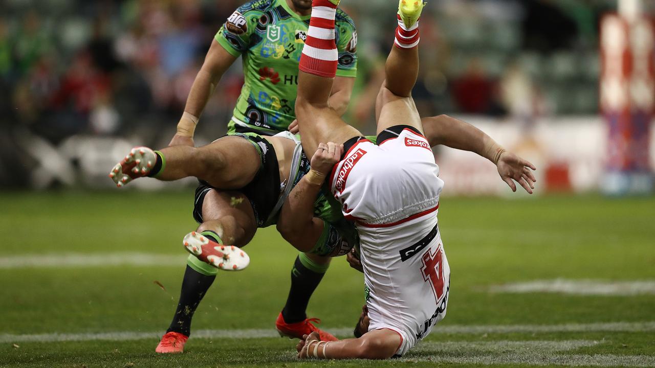 Tim Lafai is tackled by Nick Cotric